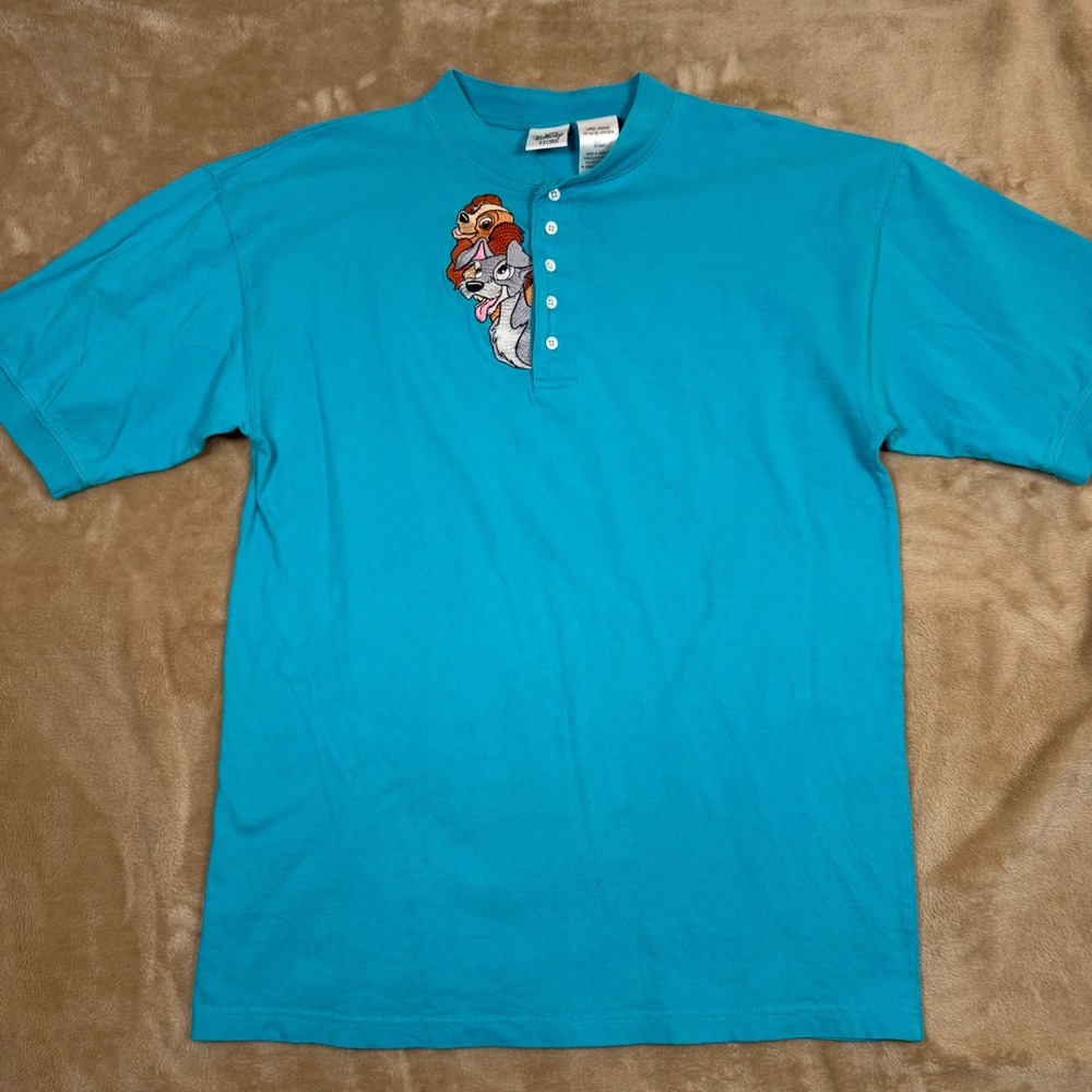 Vintage Disney Store Lady and the Tramp Henley Shirt Blue Mens Large Embroidered